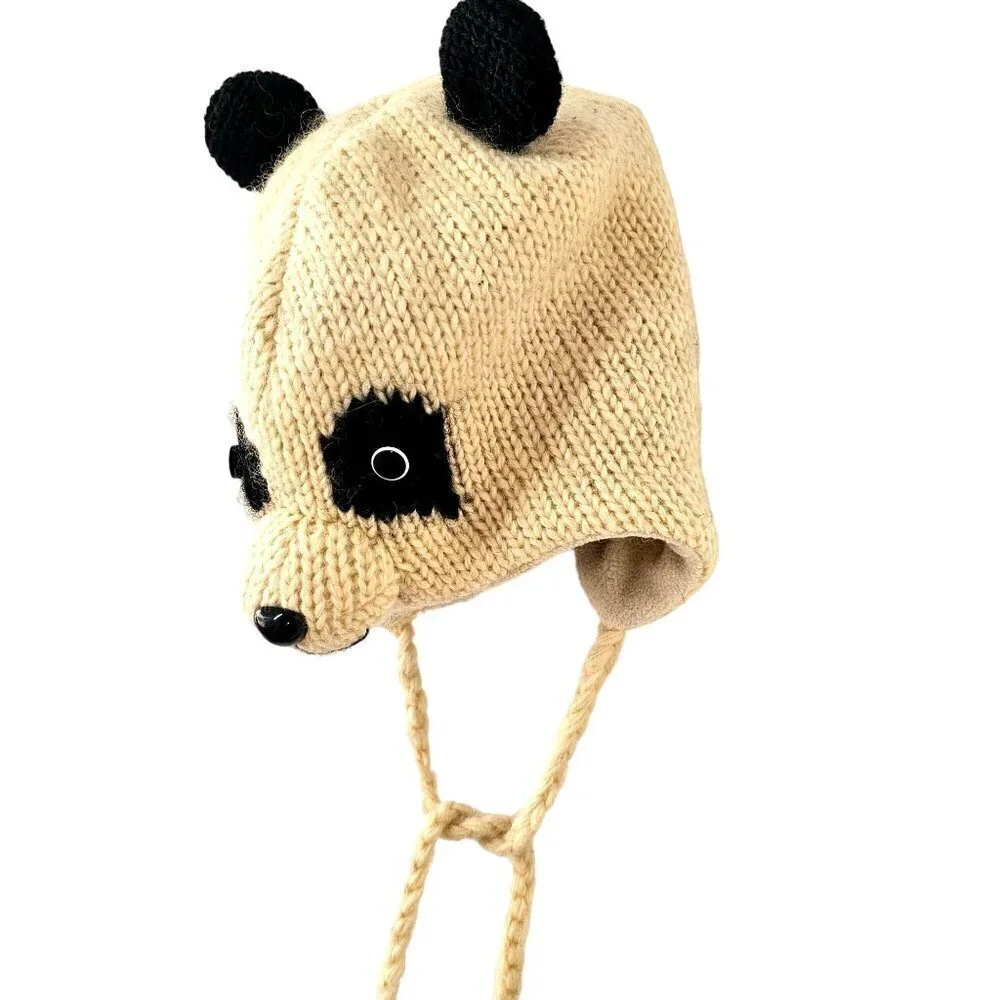 DeLux Nepalese Hand Knit Panda Bear Beanie Kids M/L Ear Flaps White Wool Vintage
